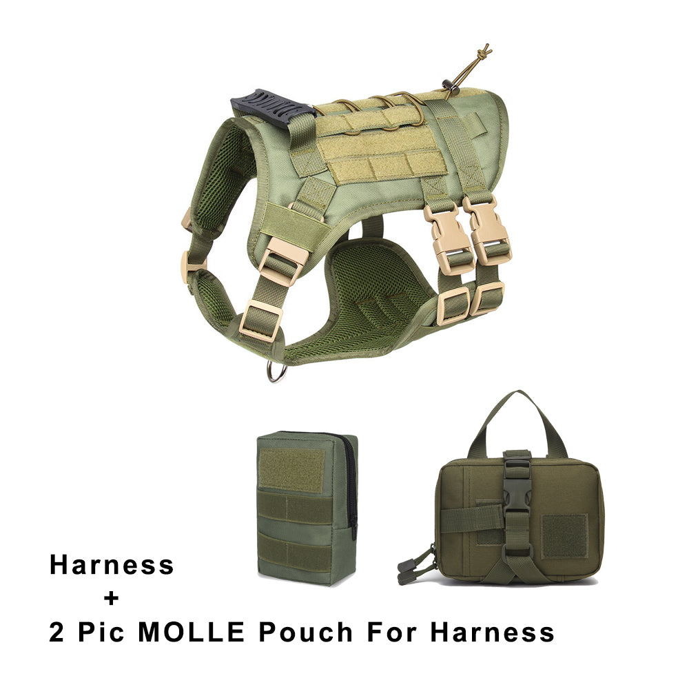 Green Pull Dog Harness with molle pouch