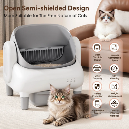 Automatic Litter Box for Multi-Cat Homes - Open-Top Self-Cleaner, APP Control, 2.4G WiFi Only, Double-Layered Detection Safety Sensors, Odor Lock,